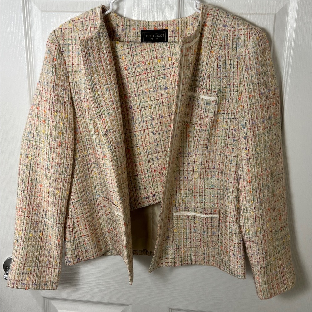 Laura Scott Multicolor Spring Pastel Cream Tweed Blazer & Matching Skirt Set
